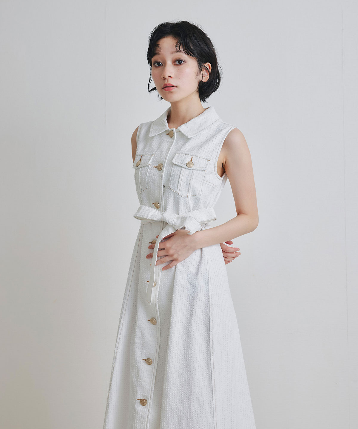 レーザーカットデニムロングシャツワンピース