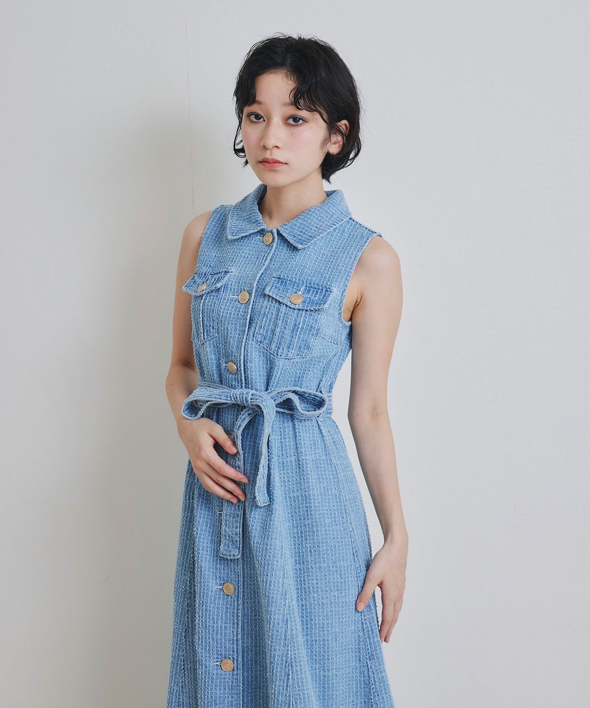 レーザーカットデニムロングシャツワンピース