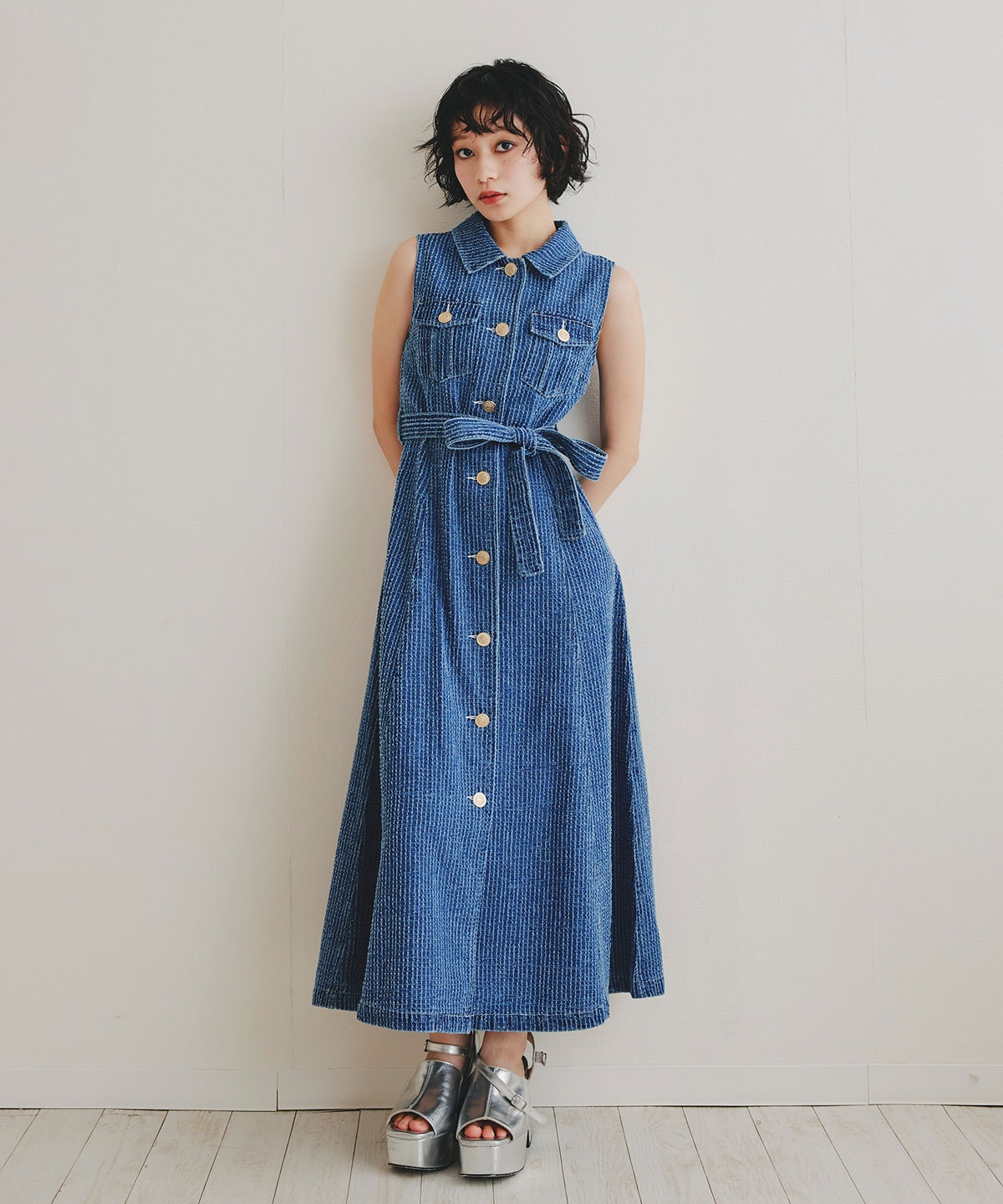 レーザーカットデニムロングシャツワンピース