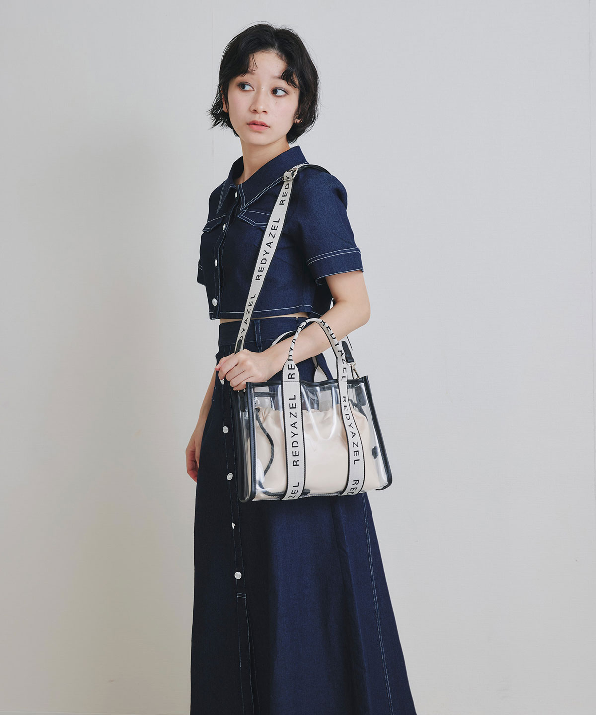 ステッチバイカラーデニムブラウス×フレアロングスカート