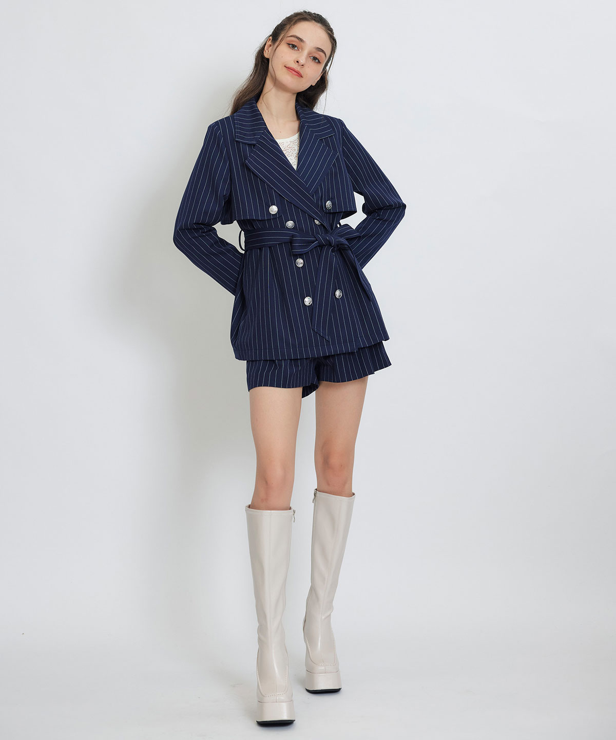 【セットアップ可能】2WAYエンブレムボタンミドルトレンチコート