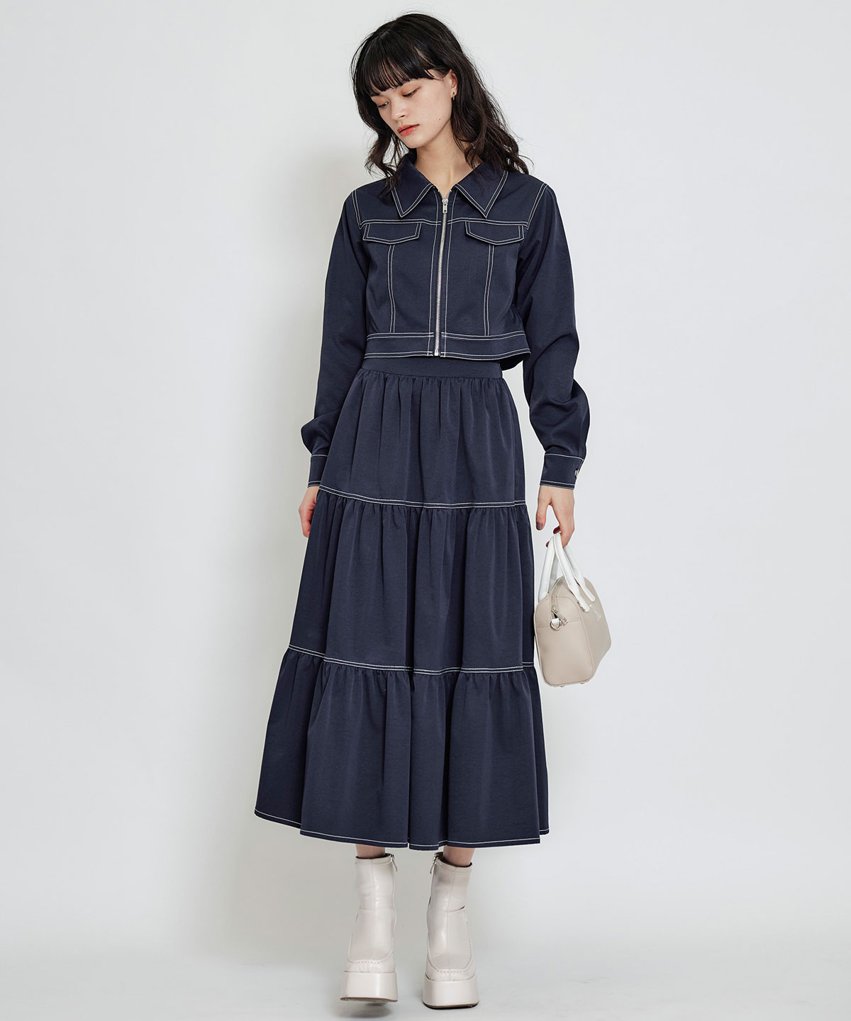 【セットアップ可能】バイカラーステッチショートジャケット