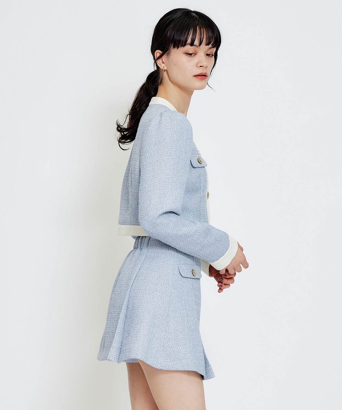 【セットアップ可能】スプリングツイードノーカラージャケット