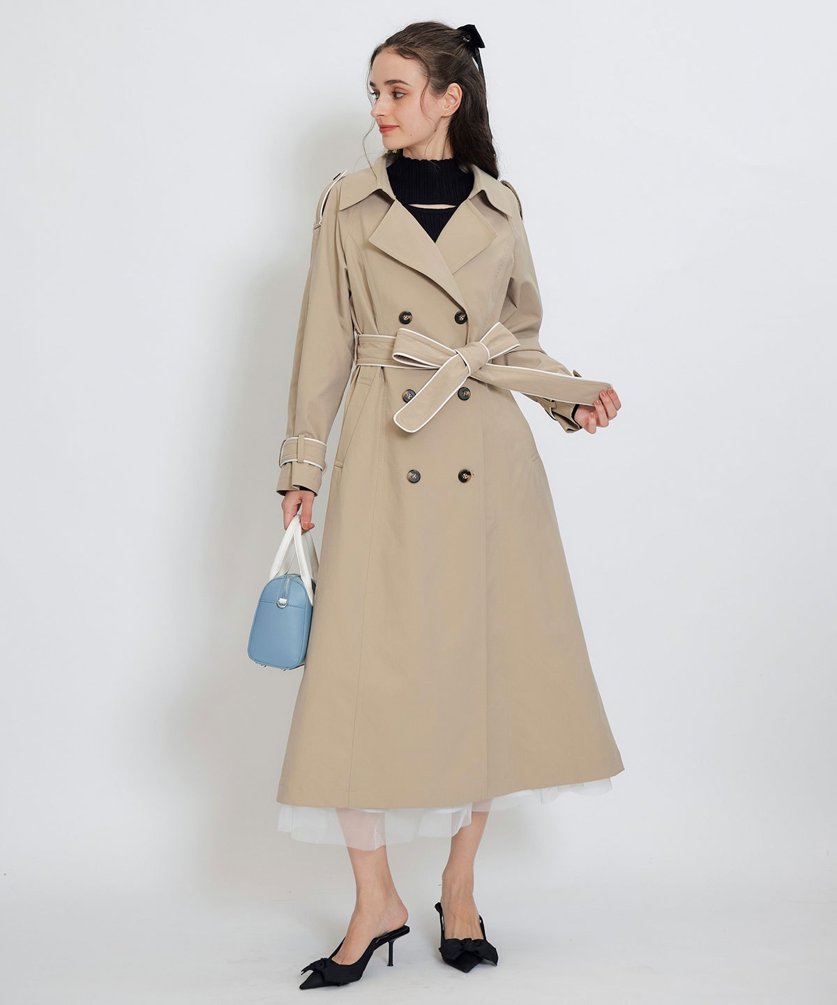 バックベルトデザインパイピングロングトレンチコート
