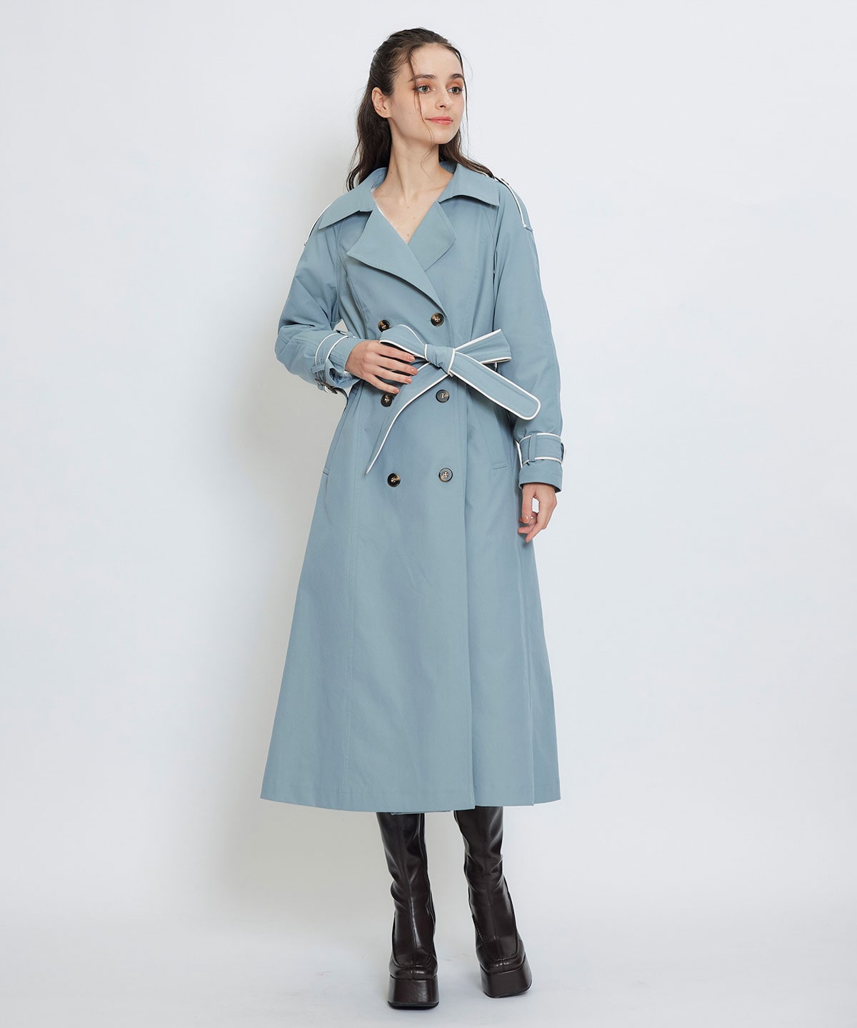 バックバイカラーパイピングベルトデザインロングトレンチコート