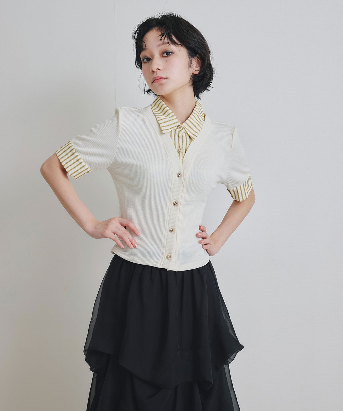 ストライプリボンタイレイヤードニットトップス