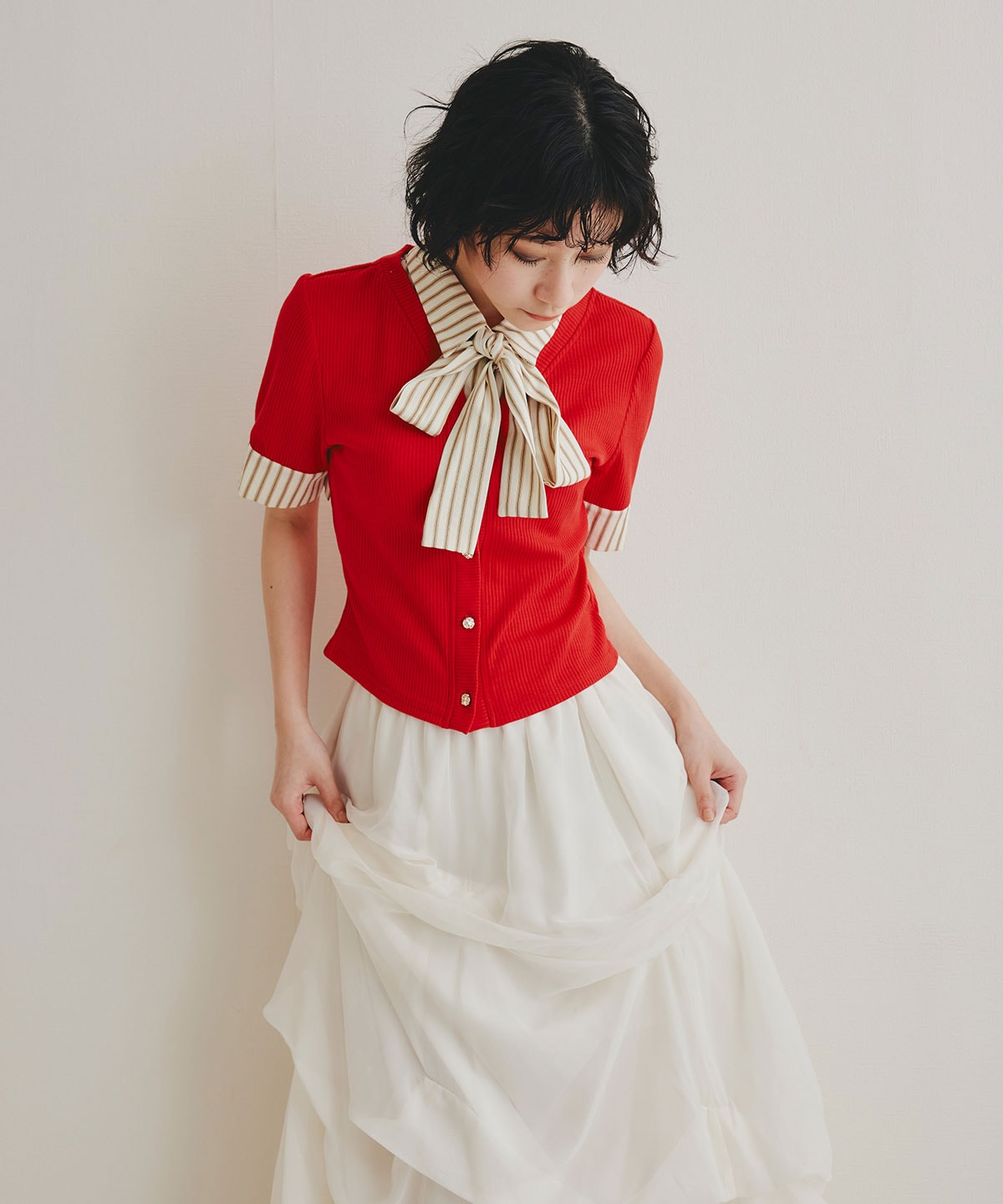 ストライプリボンタイレイヤードニットトップス