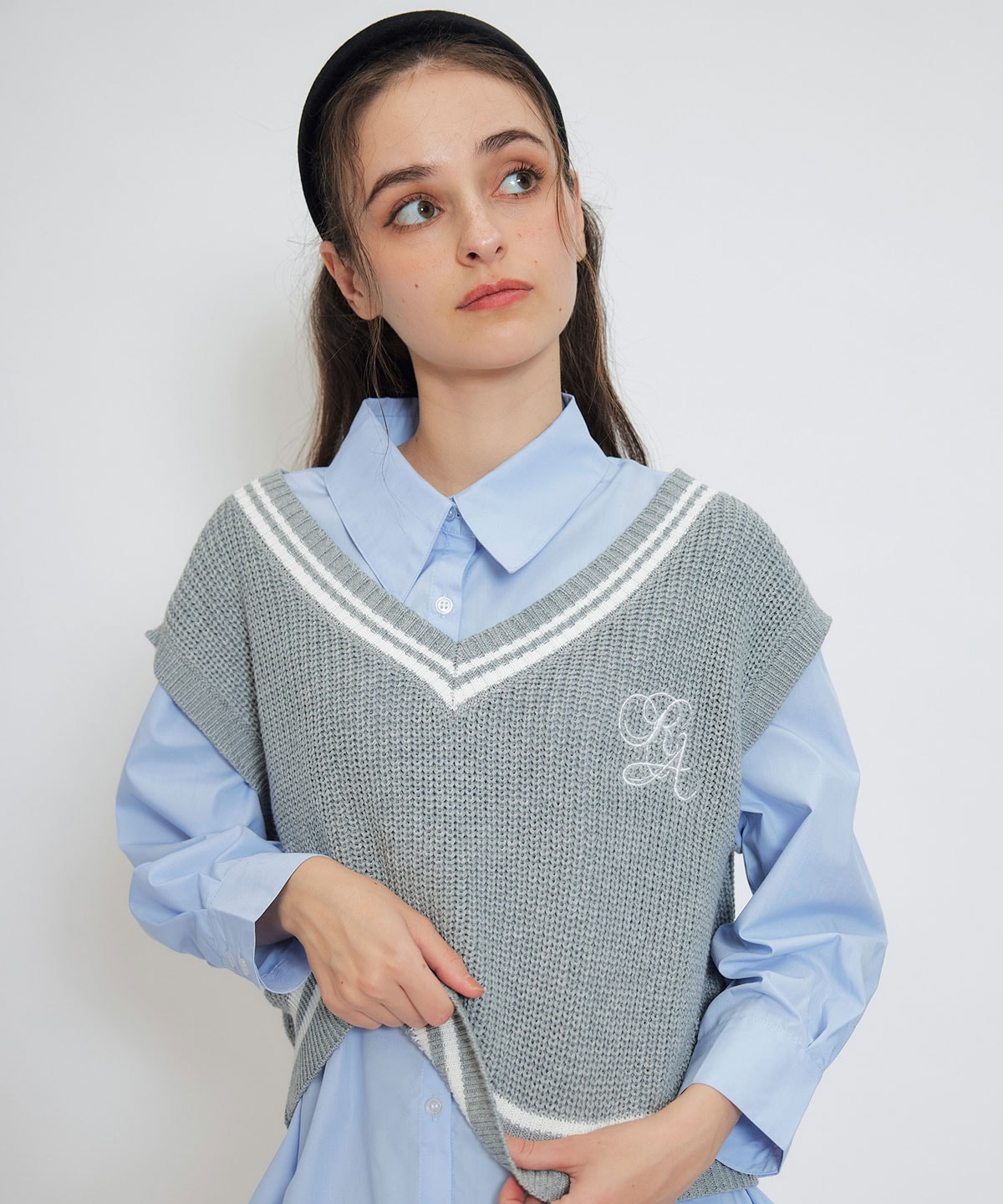 カレッジライクラインベスト×シャツブラウス