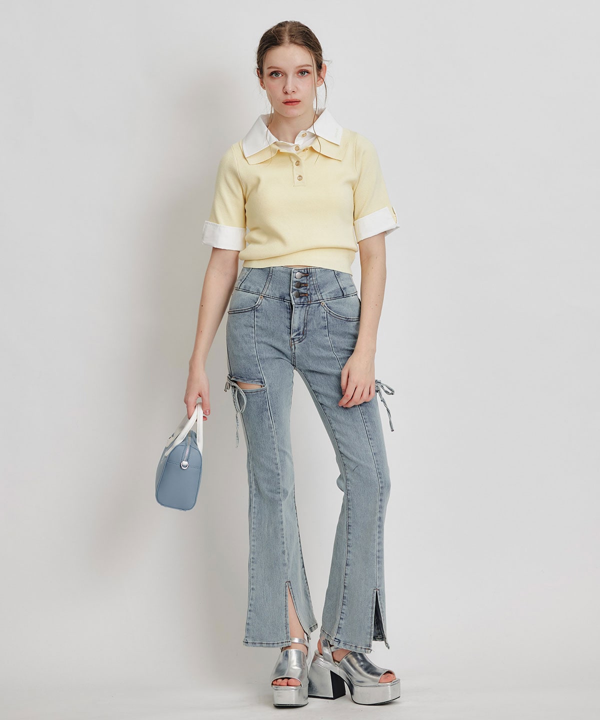 ダブルカラーハーフスリーブニットプルオーバー