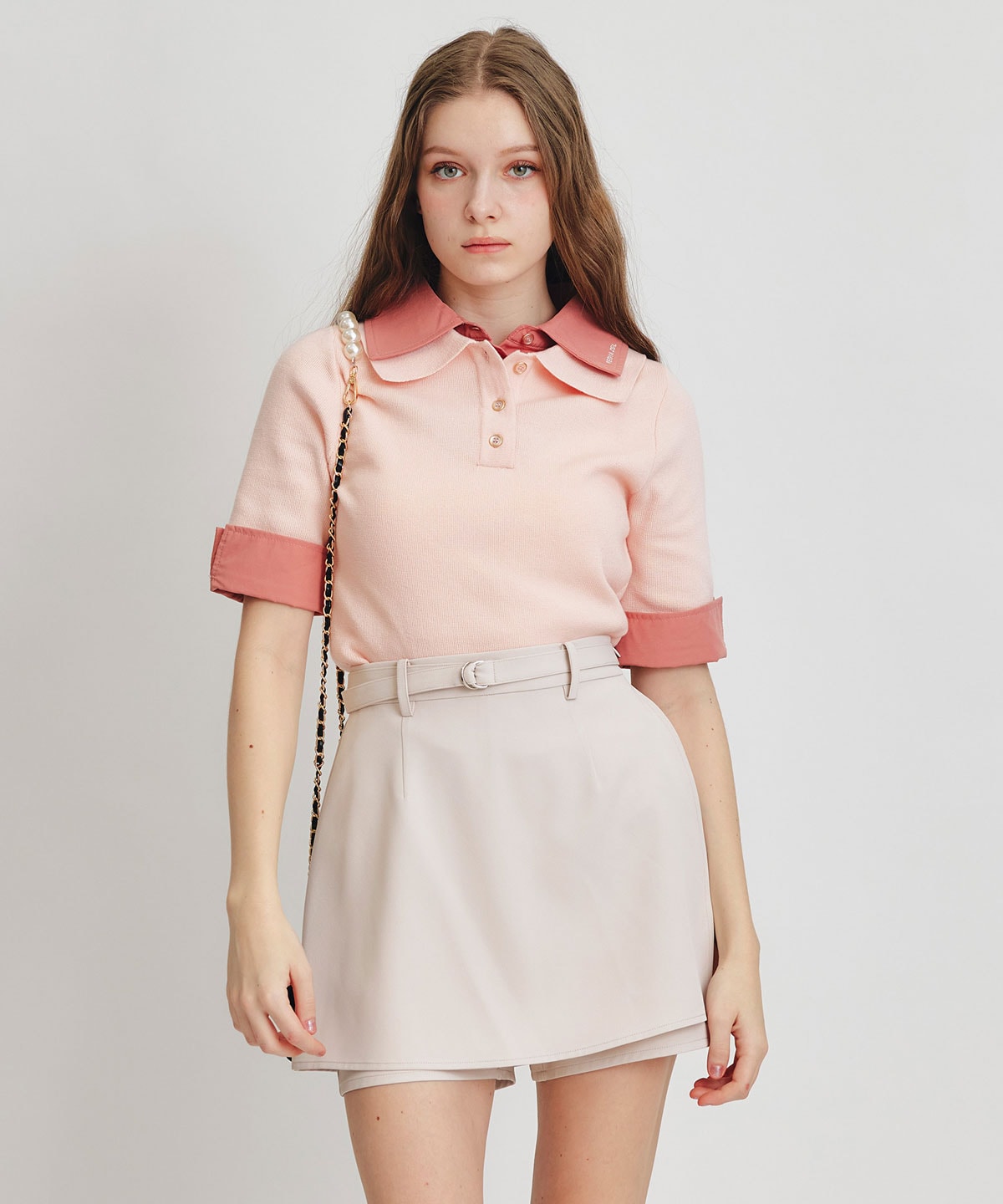 ダブルカラーハーフスリーブニットプルオーバー