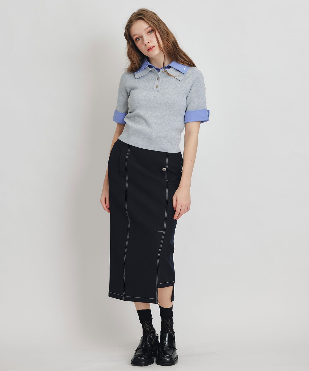 ダブルカラーハーフスリーブニットプルオーバー