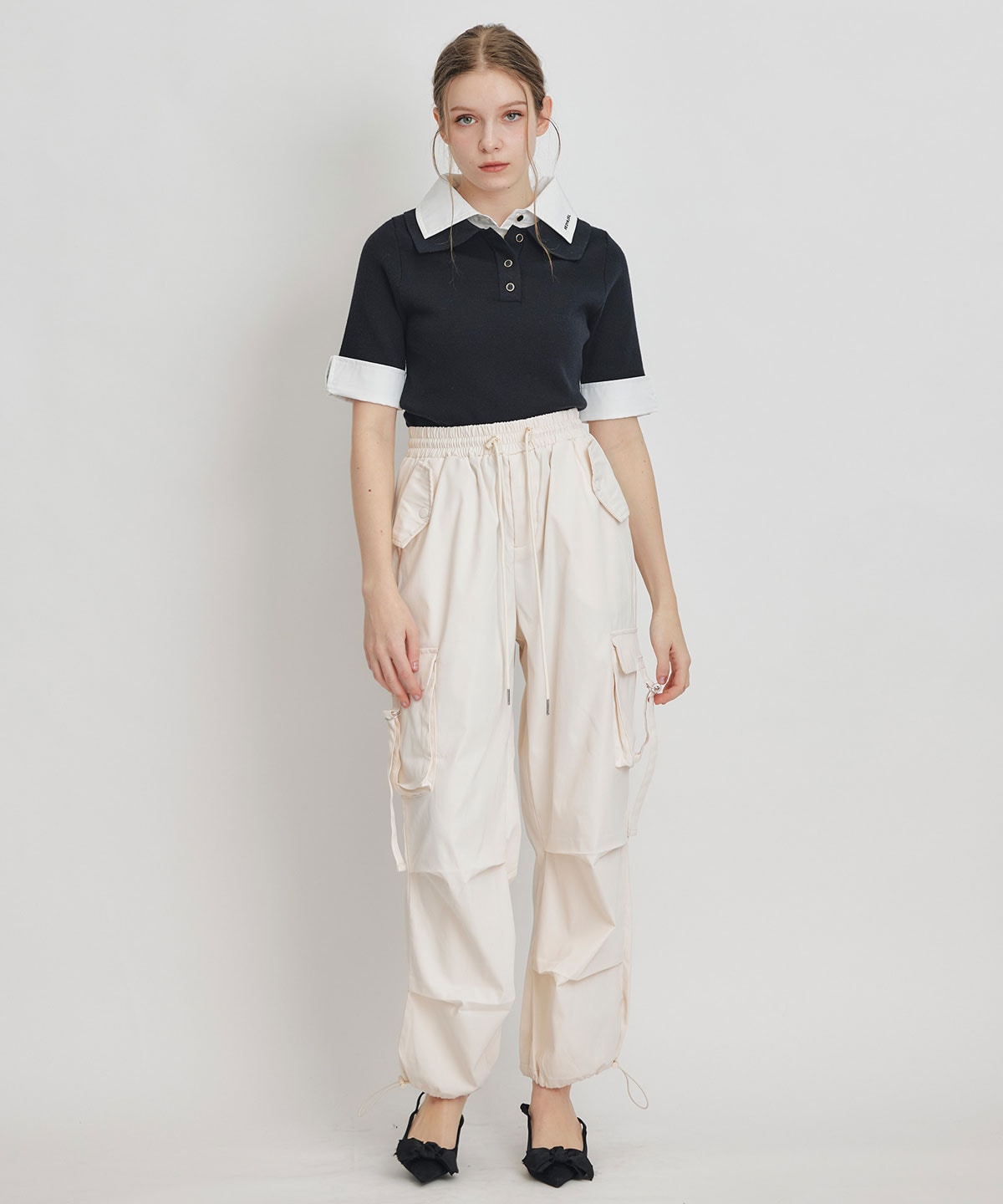 ダブルカラーハーフスリーブニットプルオーバー