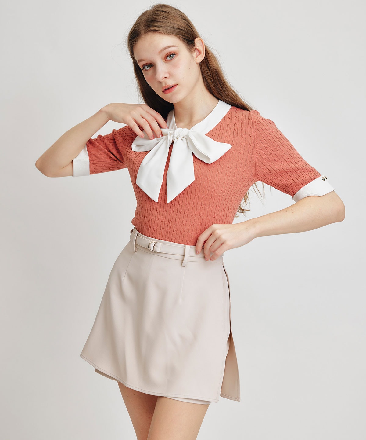 ケーブルリボンタイハーフスリーブニットプルオーバー