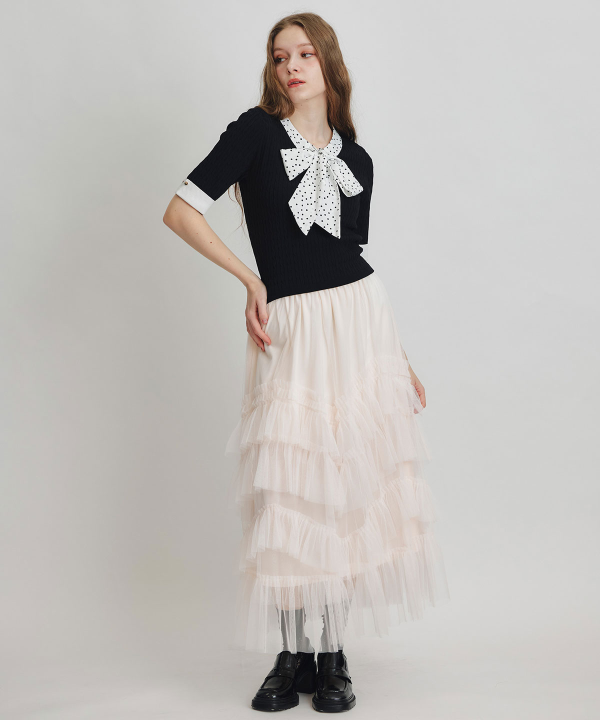 ケーブルリボンタイハーフスリーブニットプルオーバー