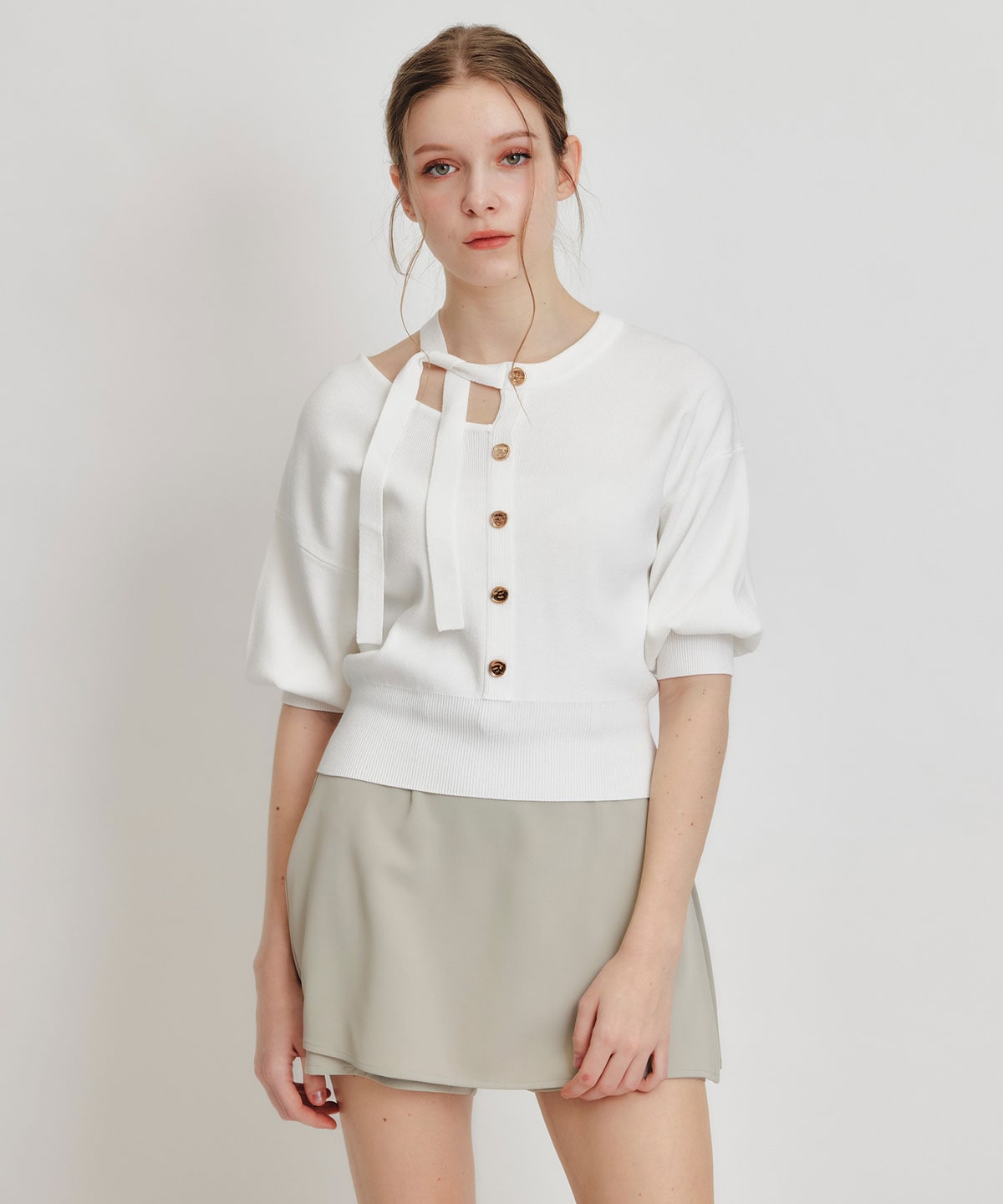 アシメカットデザインハーフスリーブニットプルオーバー