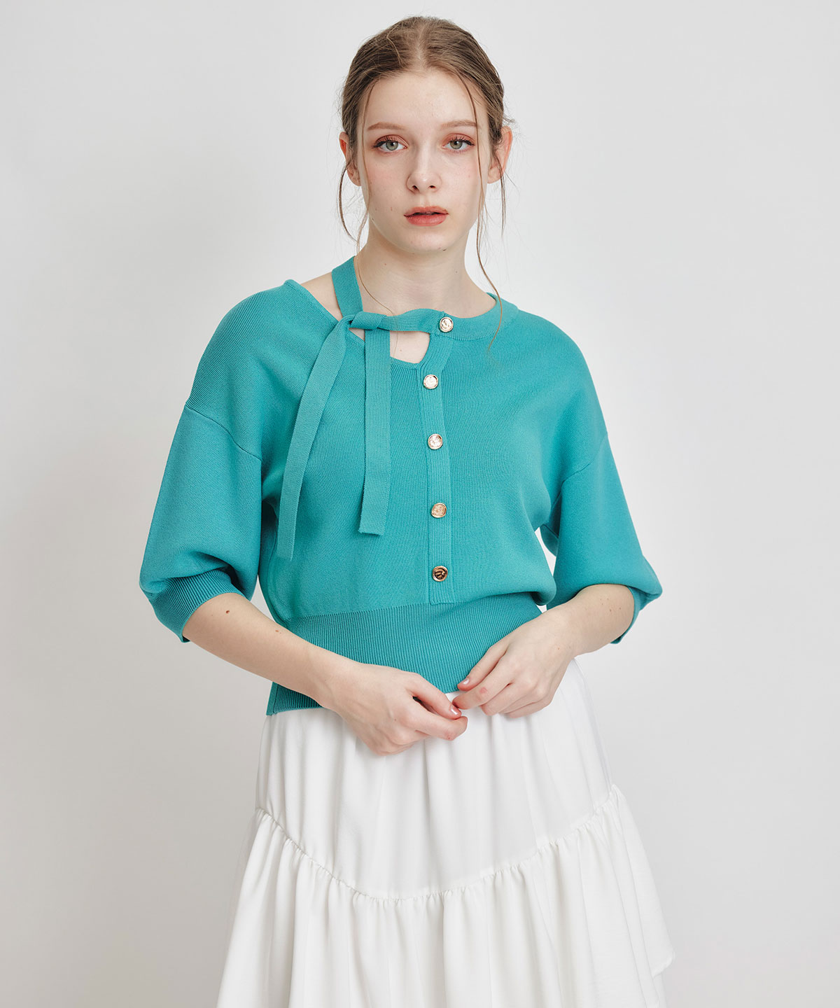 アシメカットデザインハーフスリーブニットプルオーバー