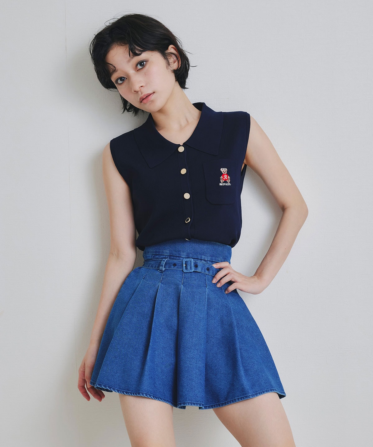 Azelyポロニットノースリーブプルオーバー