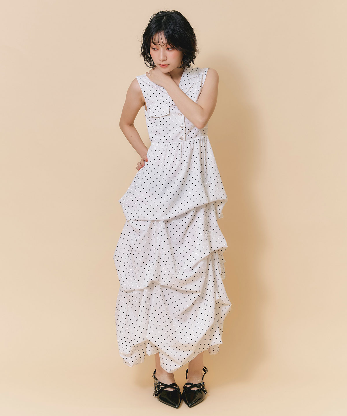 タックボリュームシャツロングワンピース