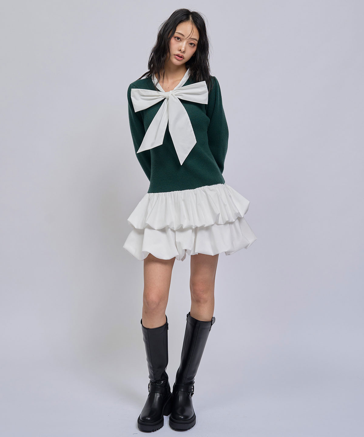 【=LOVE 大場花菜さん着用】ビッグリボンティアードニットシャツミニワンピース