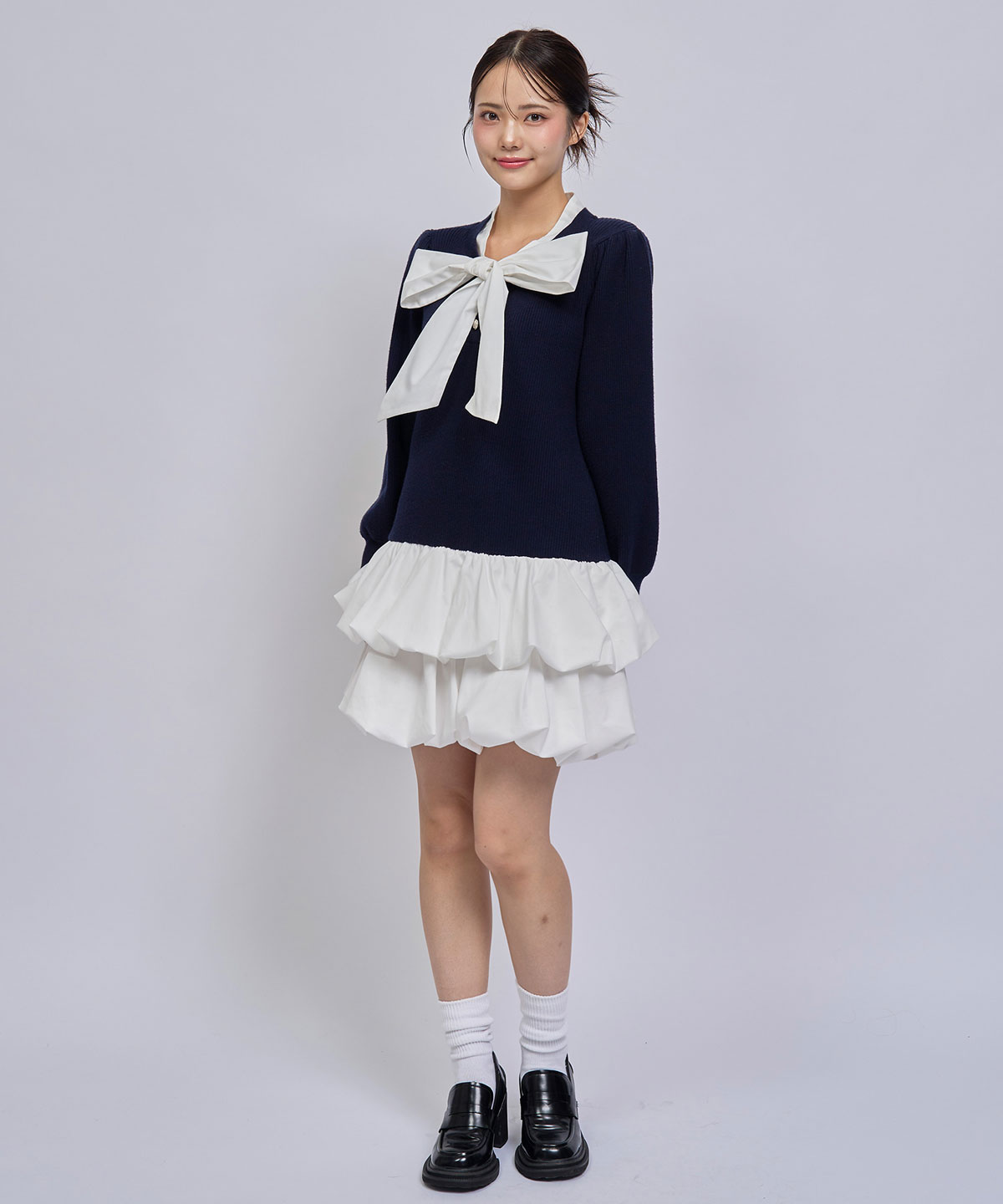 【=LOVE 大場花菜さん着用】ビッグリボンティアードニットシャツミニワンピース