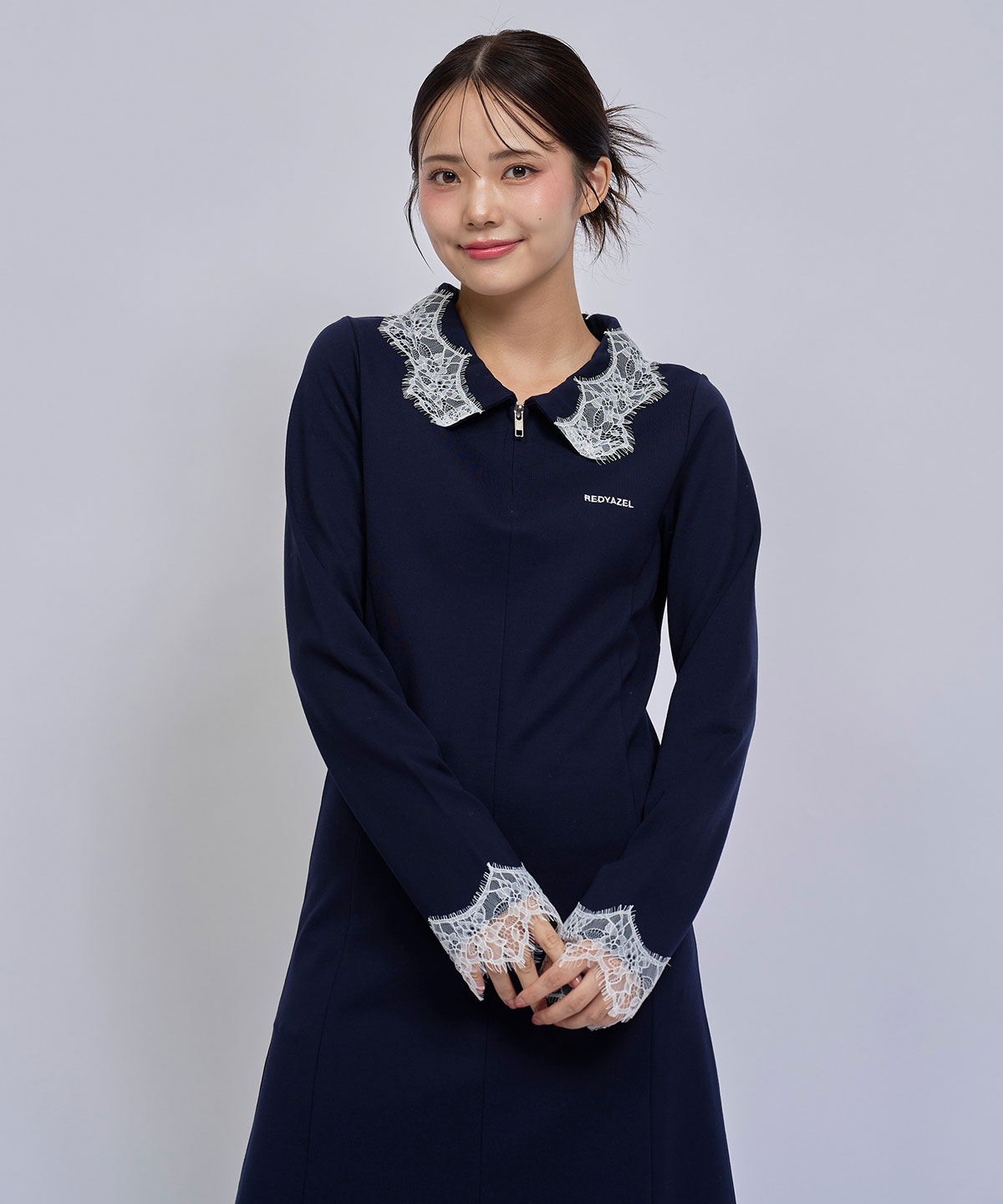 レーストリムハーフZIPポロカットロングワンピース