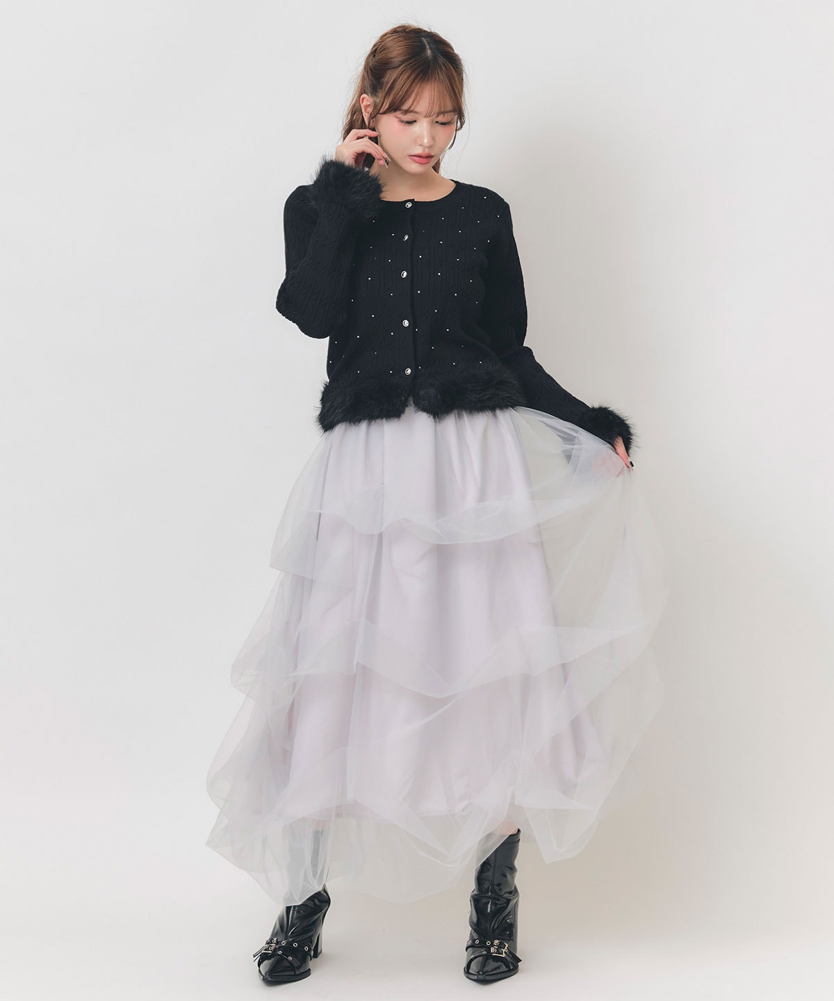 ホットフィットビジューミニケーブルファーニットカーディガン