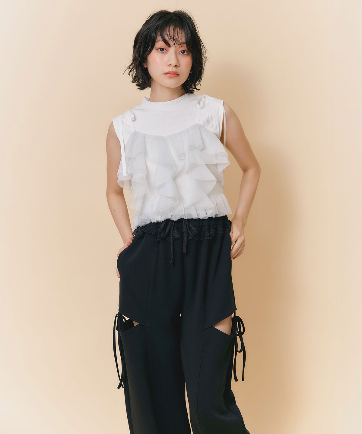 ショルダーリボンビスチェ×ノースリーブニット