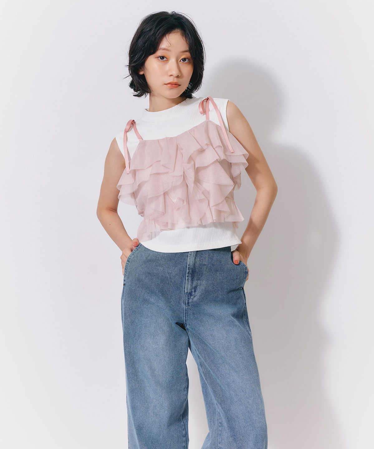 ショルダーリボンビスチェ×ノースリーブニット