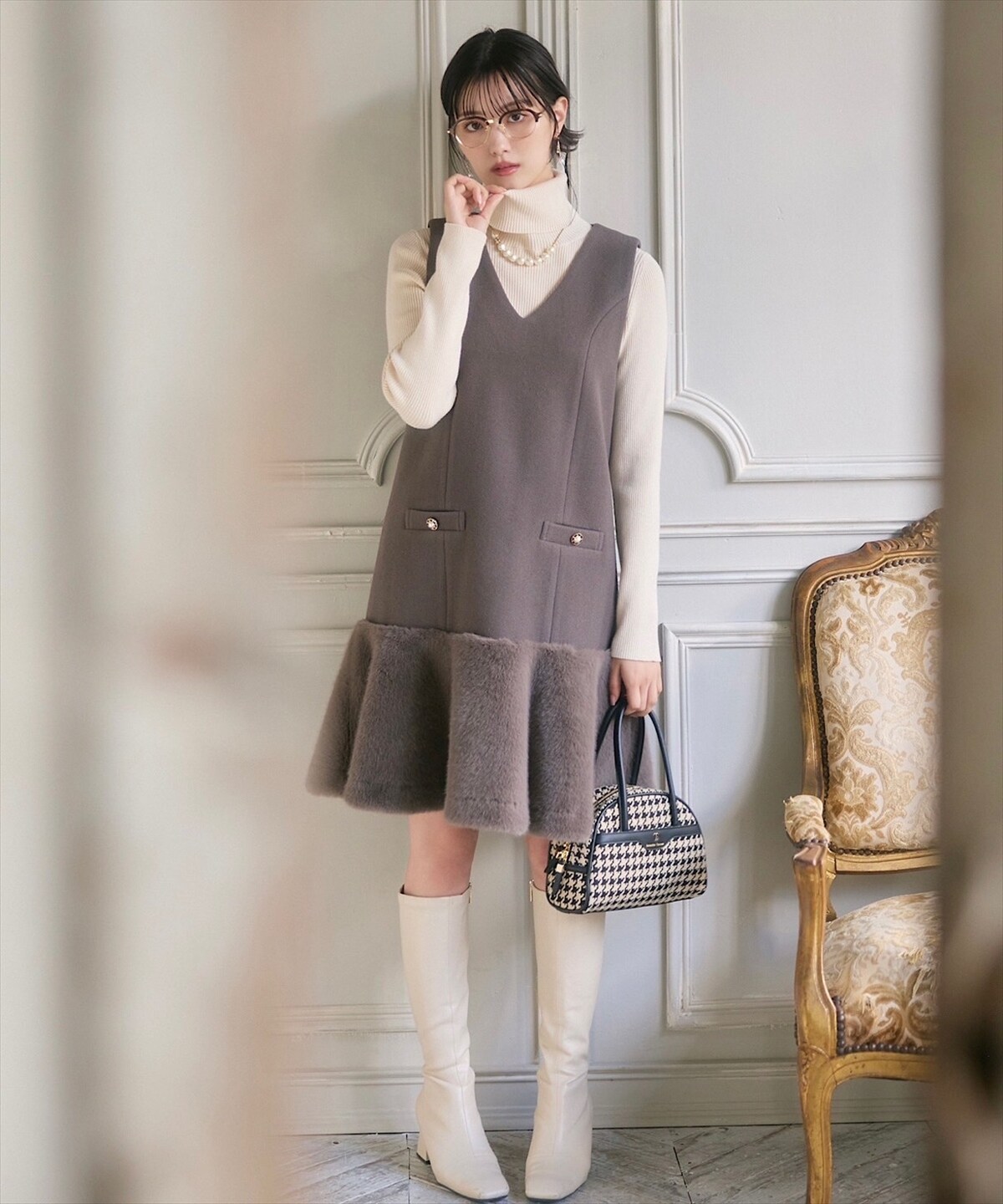 ヘムファーVネックノースリーブジャンパースカート(F エクリュ  