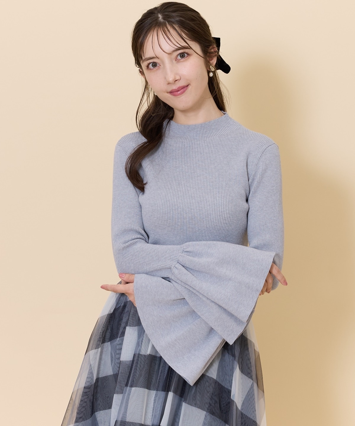フレアスリーブボトルネックニットプルオーバー