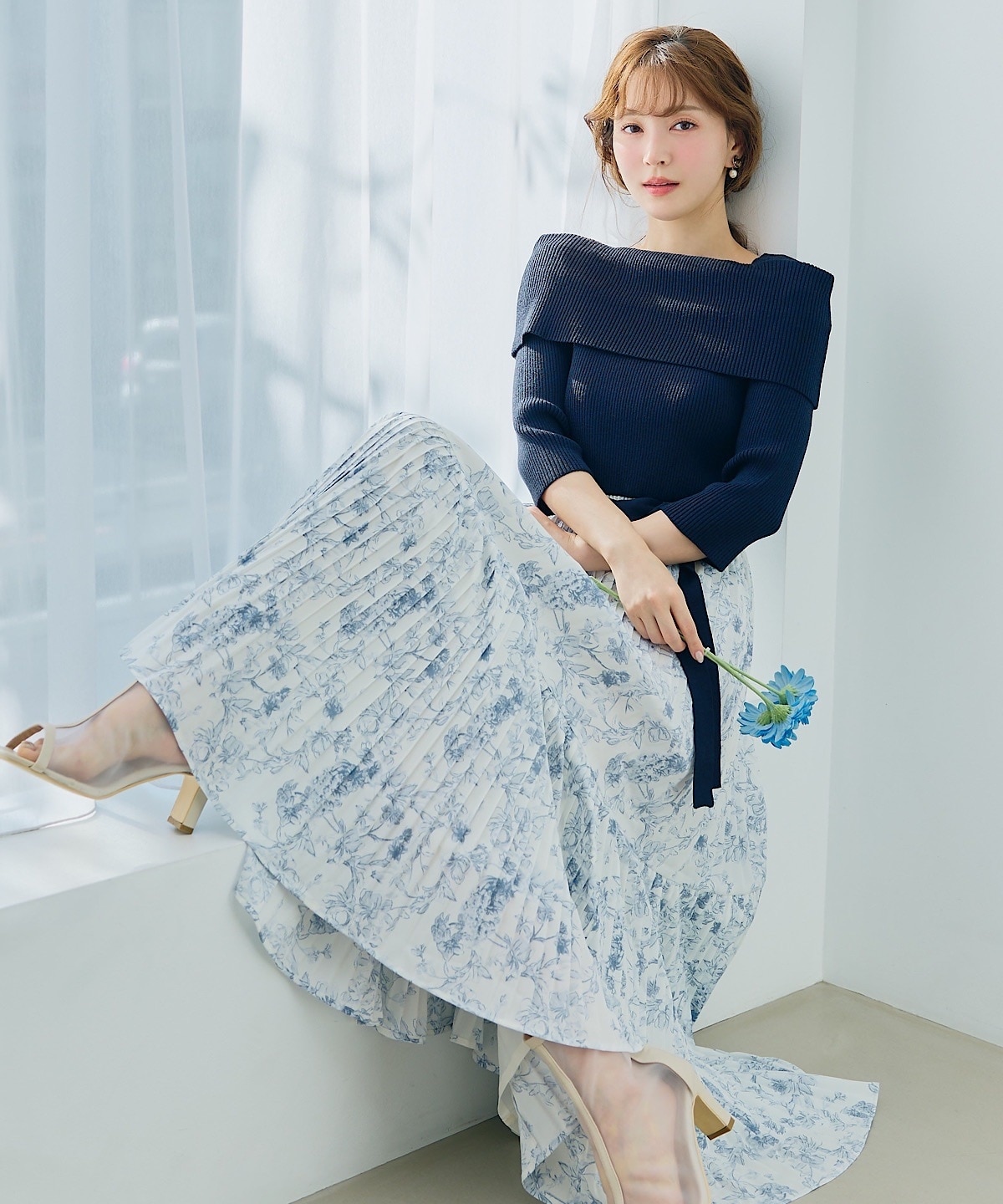 オフショルニットドッキングプリーツワンピース