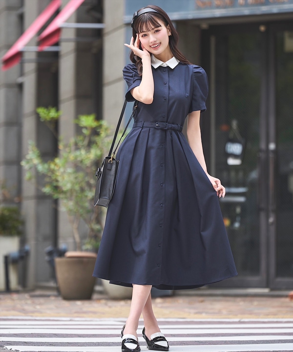 サマーツイードバイカラー衿ハーフスリーブワンピース