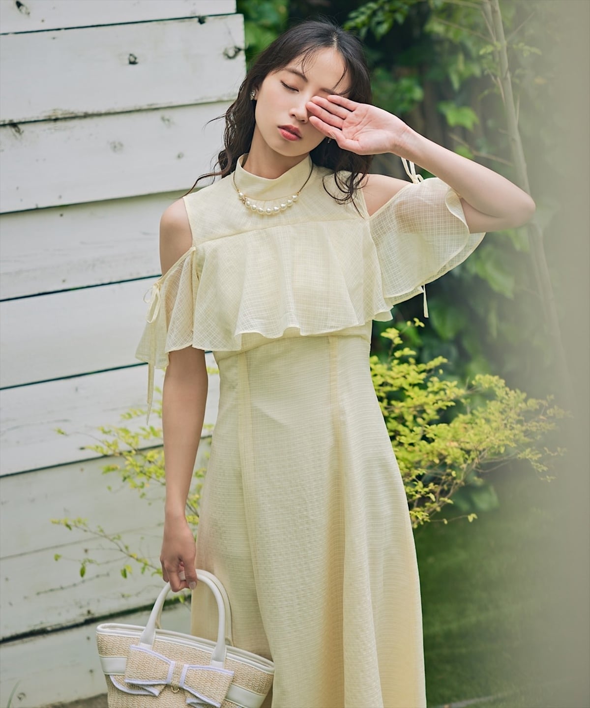 シアーチェックケープオフショルワンピース