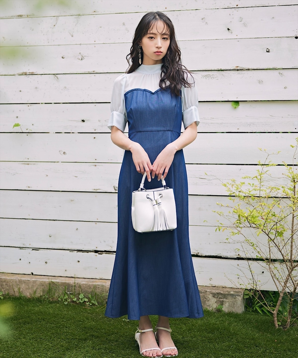 バックリボン異素材ドッキングマーメイドデニムワンピース