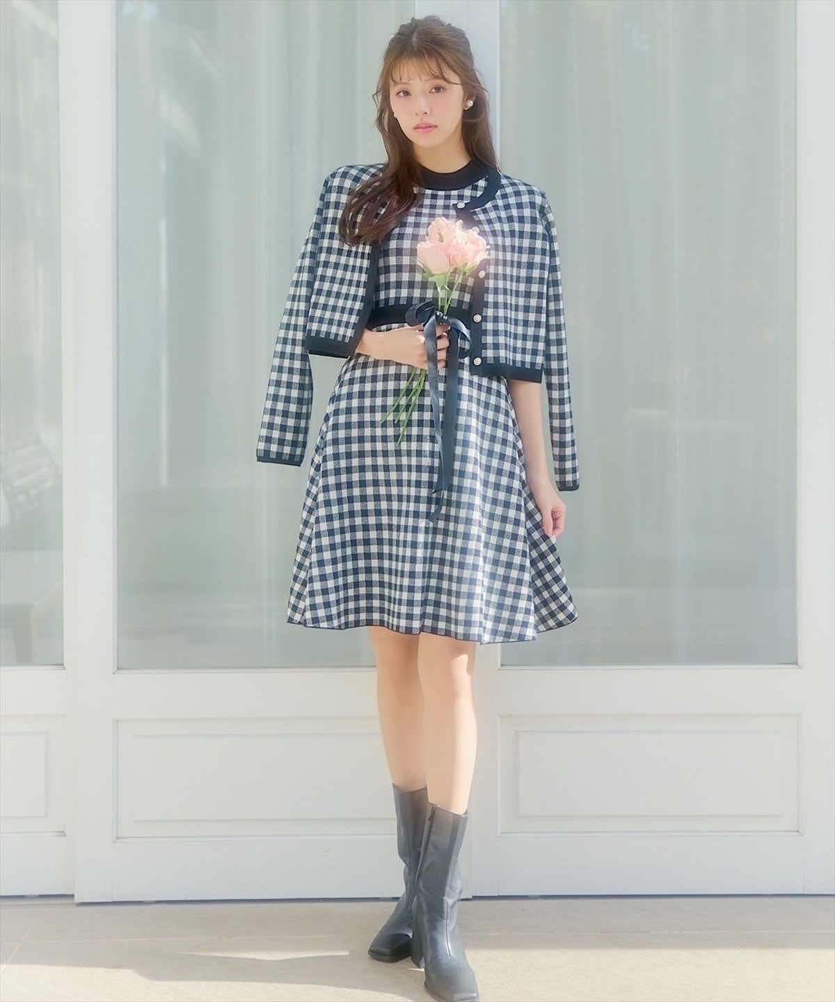 配色ギンガムチェックニットカーディガン