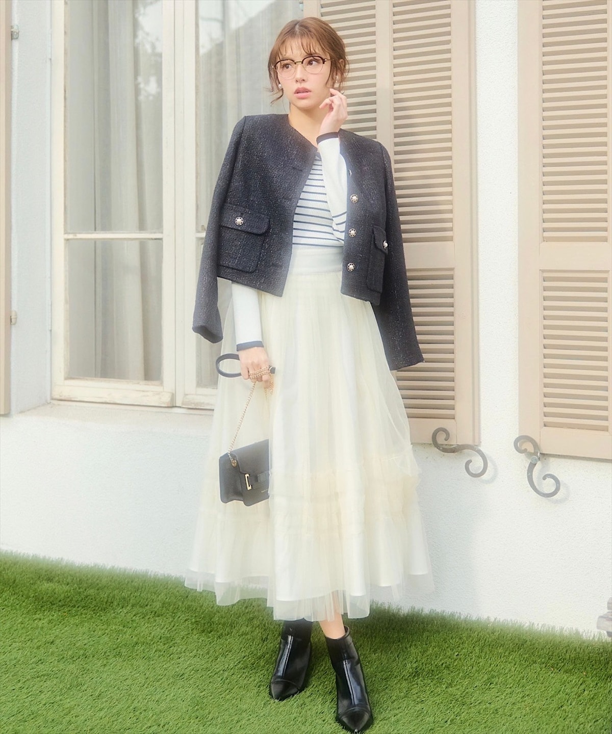 異素材ショルダーリボンスクエアネックニットプルオーバー