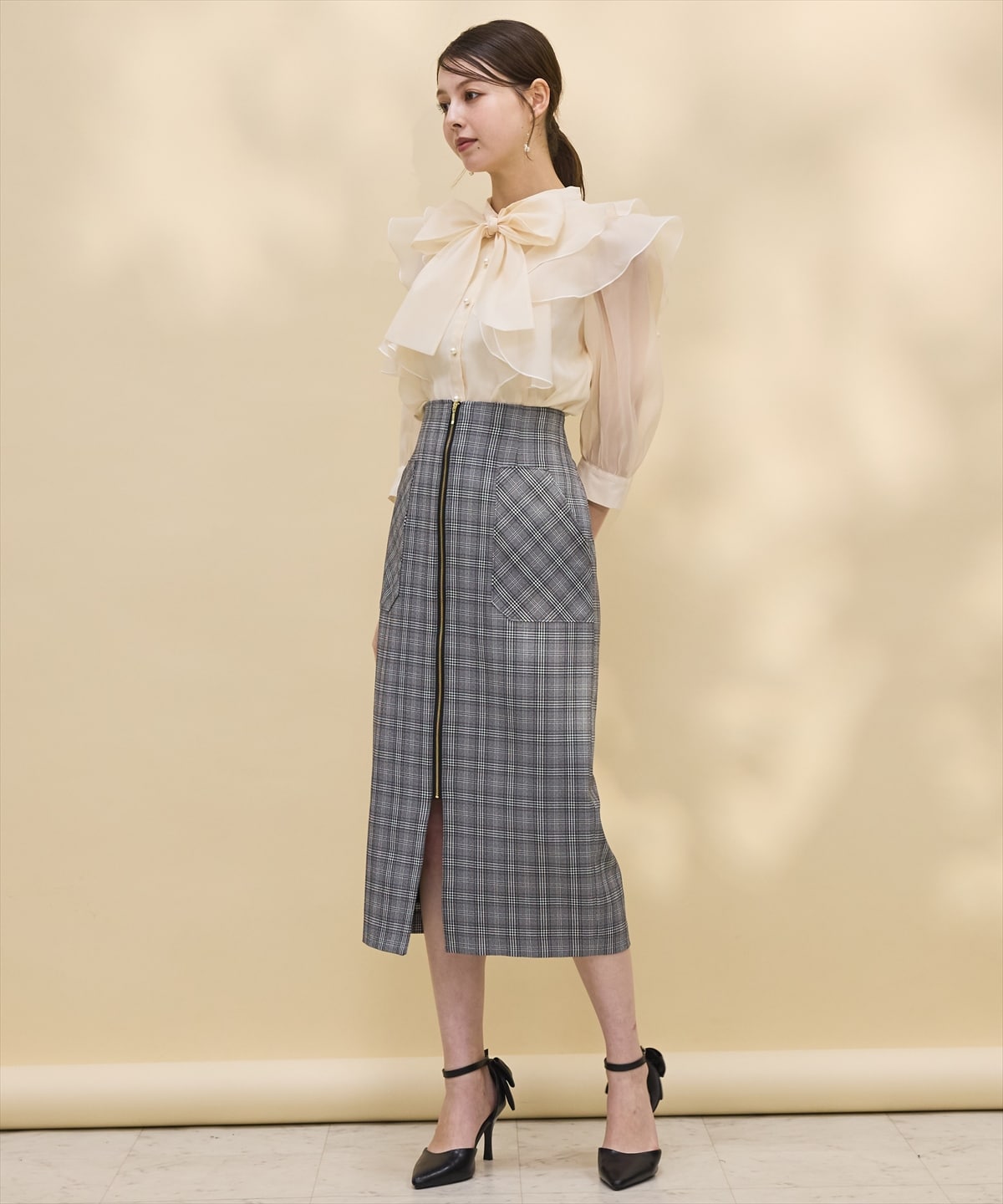 【日本製】フロントジップチェックスカート