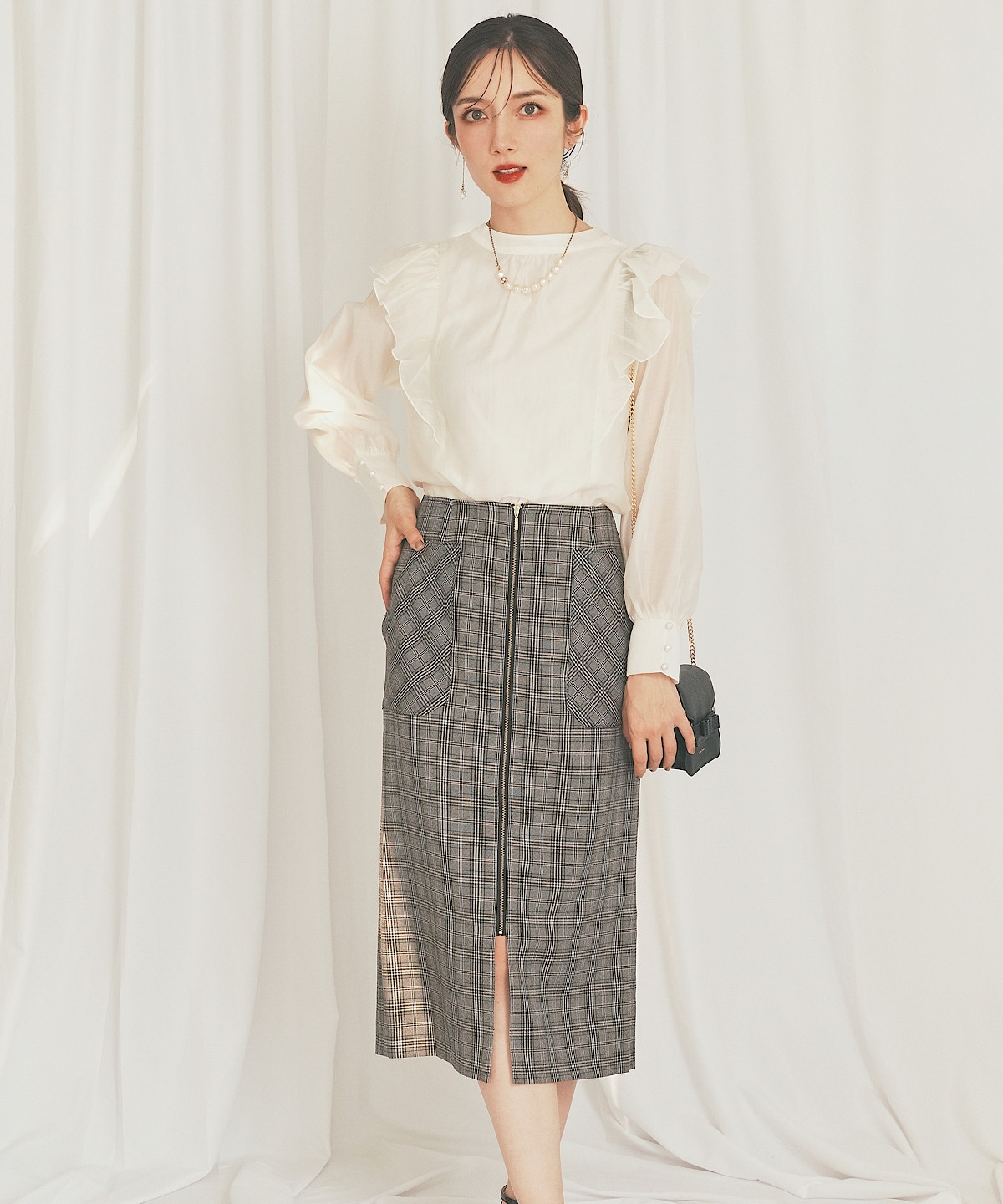 【日本製】フロントジップチェックスカート