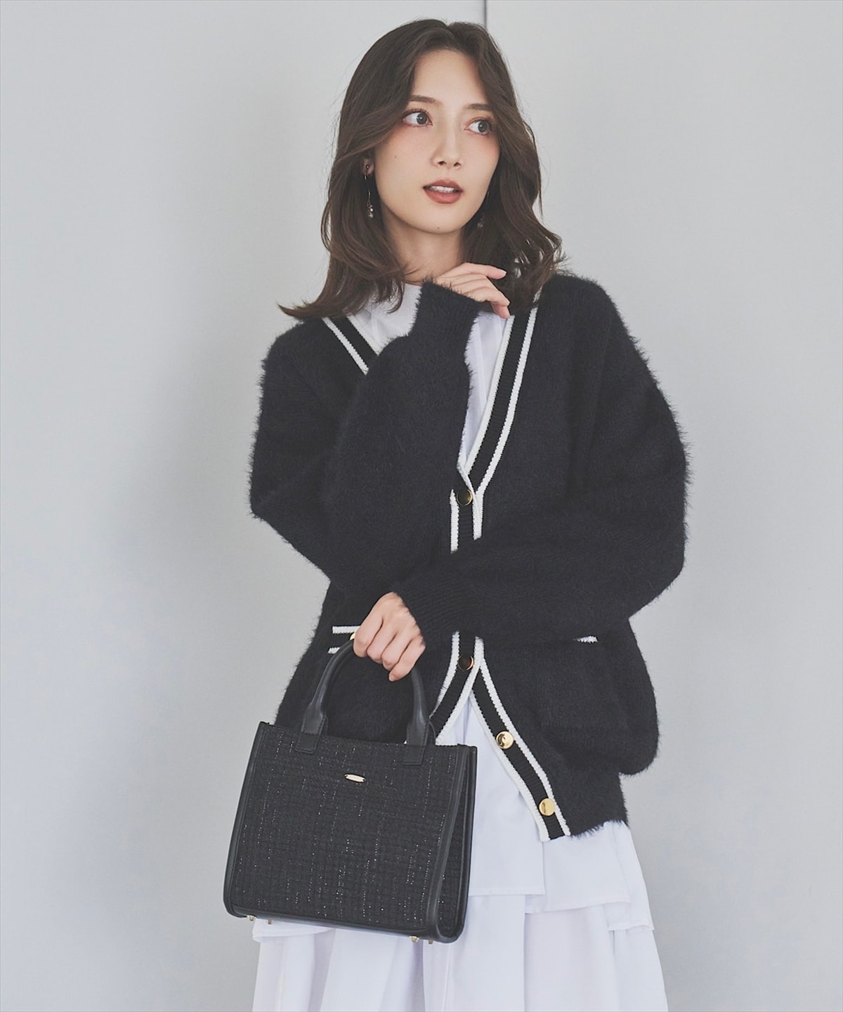 配色シャギーニットカーディガン