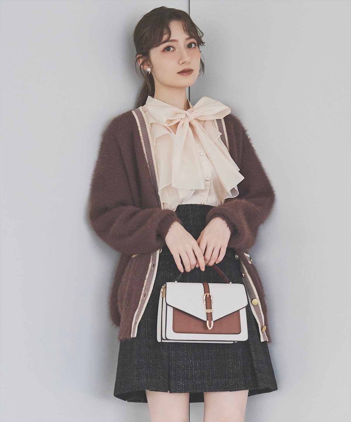 配色シャギーニットカーディガン