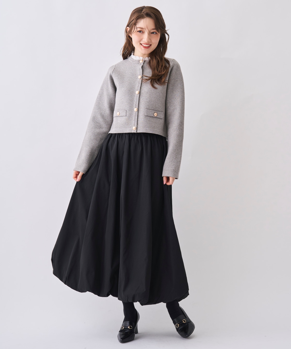 【12/5(Fri)発売開始】フリル襟付きノーカラーニットカーディガン