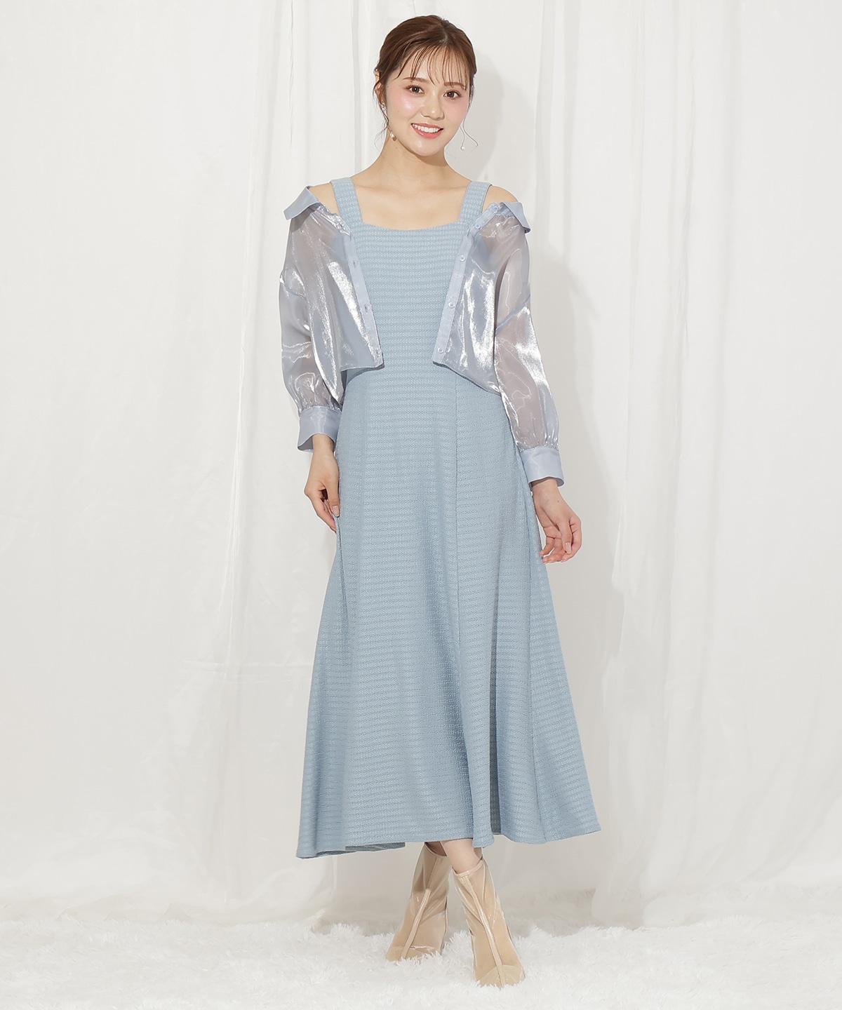 シアーブラウス×カットソーマーメイドワンピース