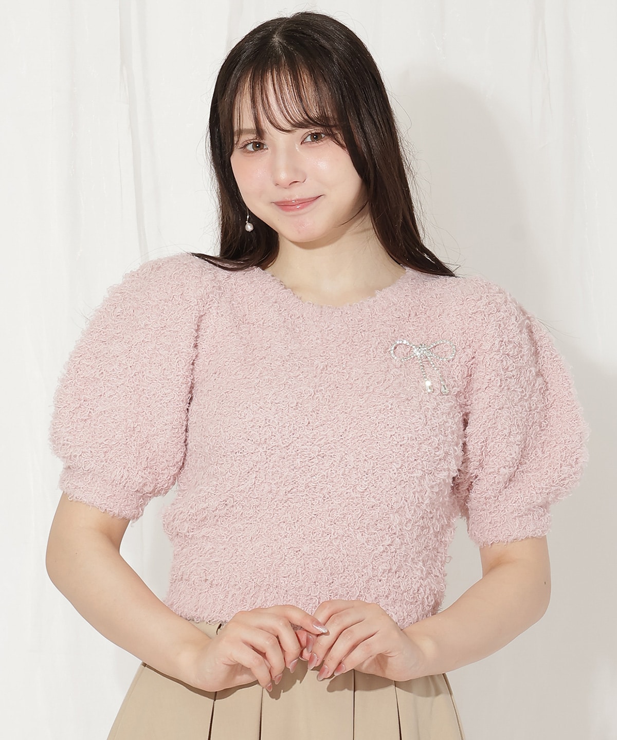 リボンブローチ付きテディヤーンニット