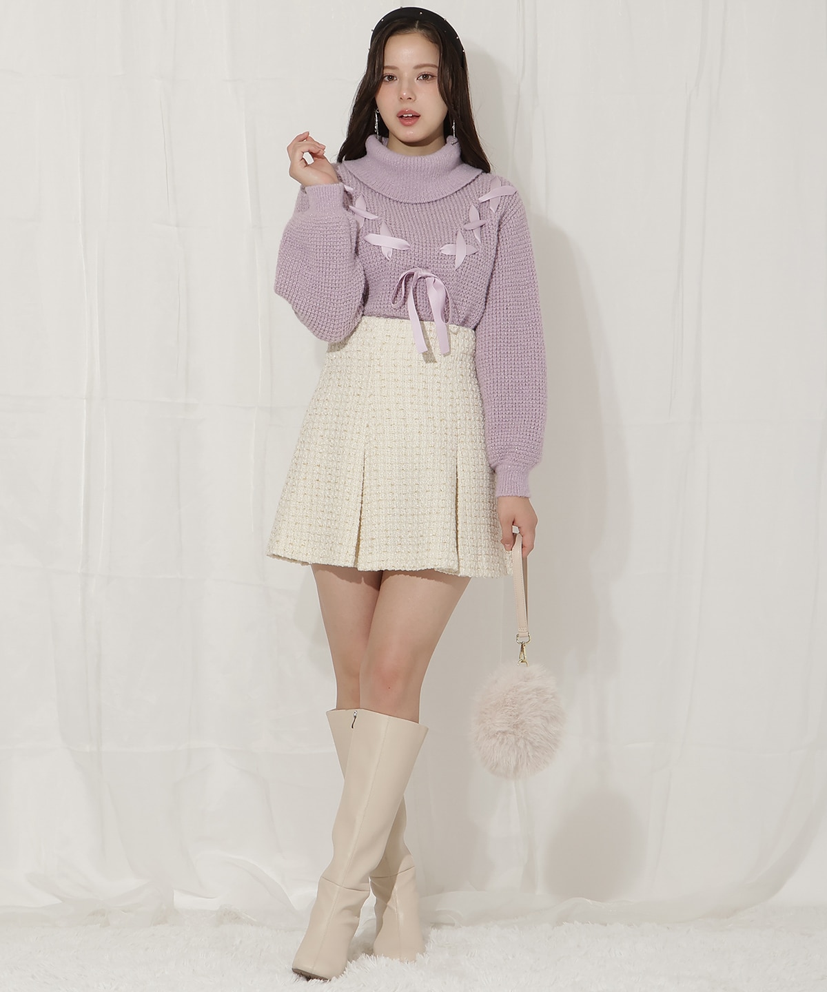 レースアップタートルニット