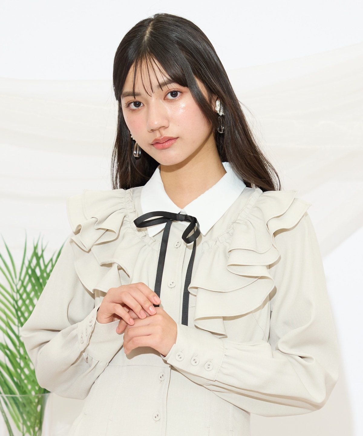 配色襟ダブルフリルシャツワンピース