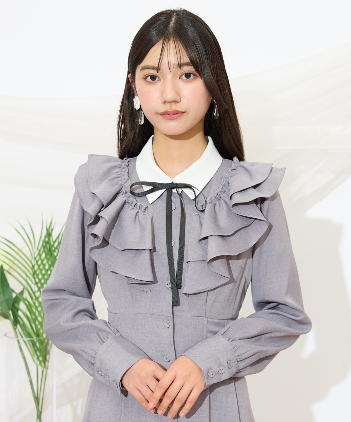 配色襟ダブルフリルシャツワンピース