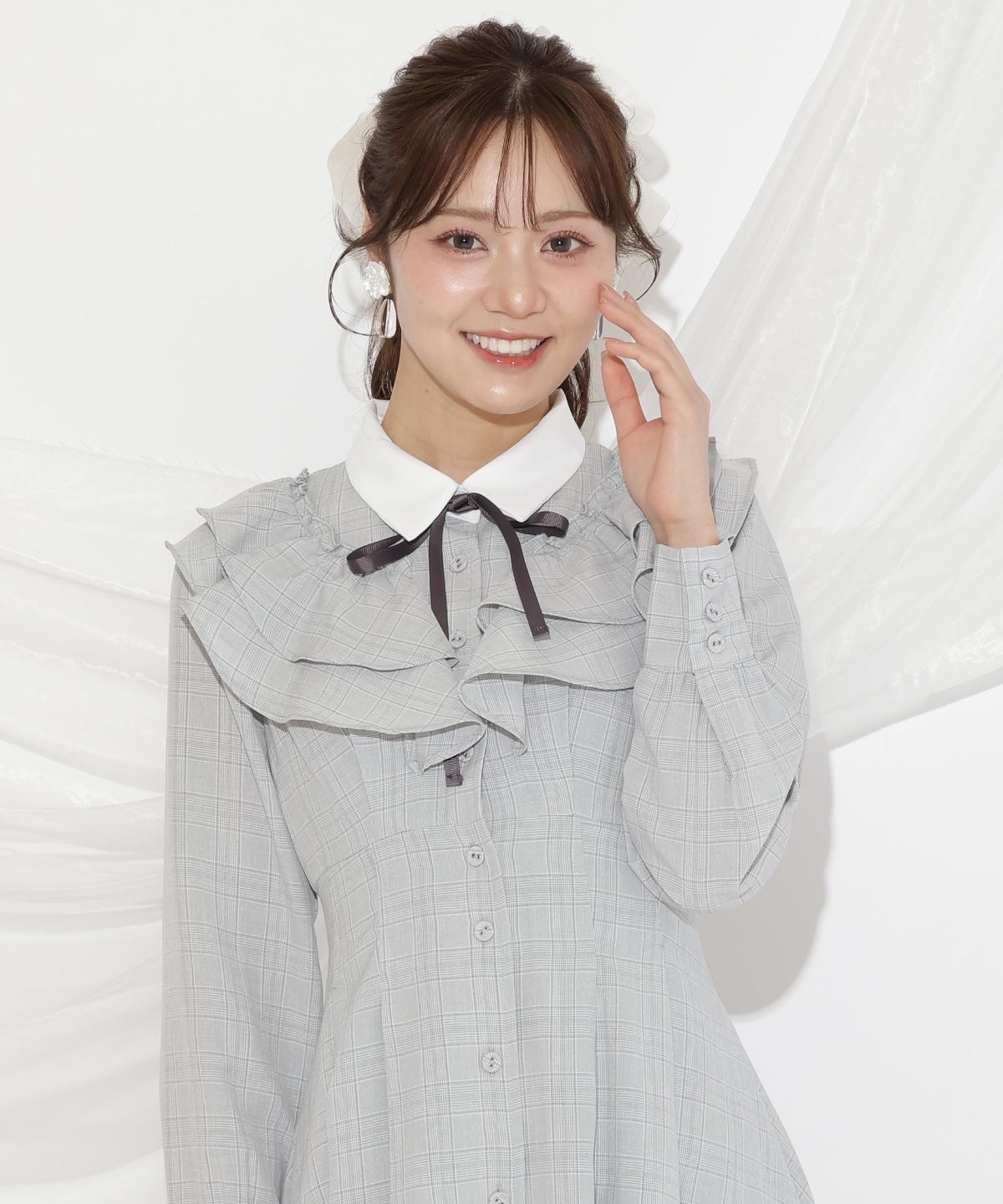 配色襟ダブルフリルシャツワンピース