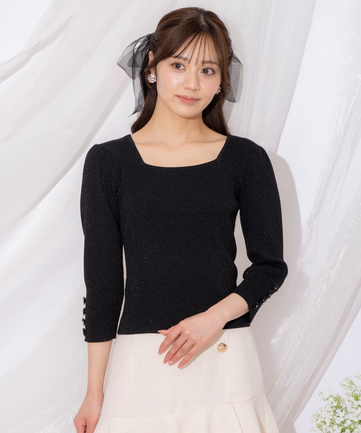 袖フラワーラメ7分袖ニットプルオーバー