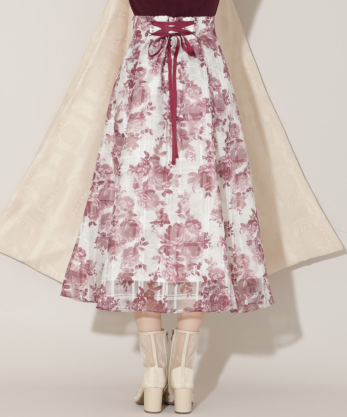 モノトーンフラワーオーガンジーフレアスカート