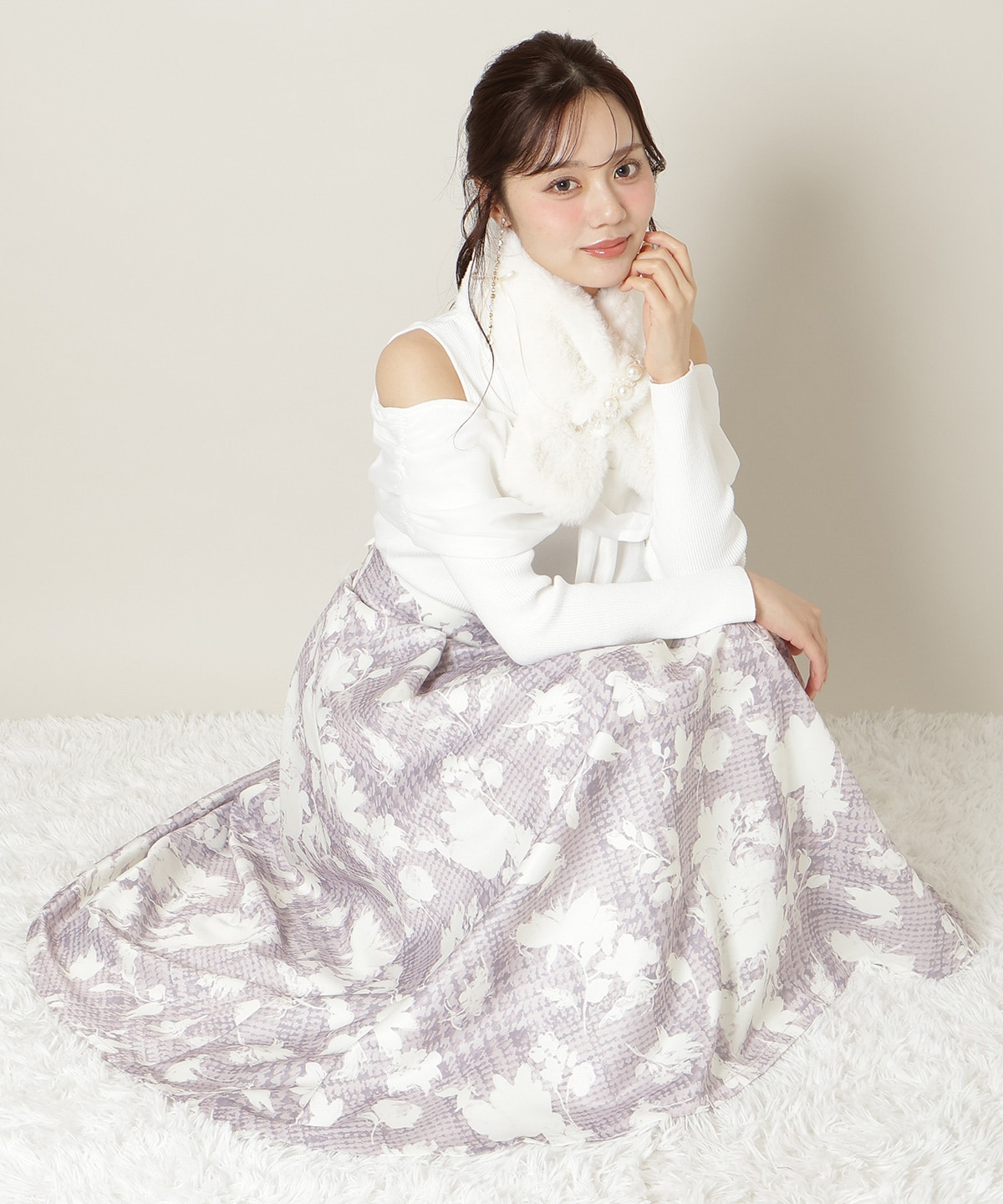 千鳥フラワープリントボリュームタックスカート